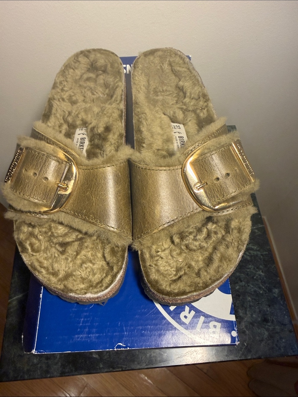 Birkenstock Fuzzy Slide Sandals  - Metallic Buckle